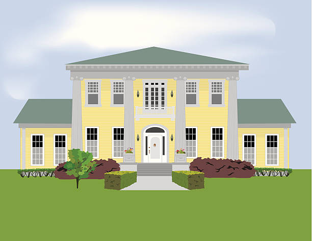 Graphic of a large stately home with a large garden Historic plantation house.  AI vs 10 included in zip. estate stock illustrations
