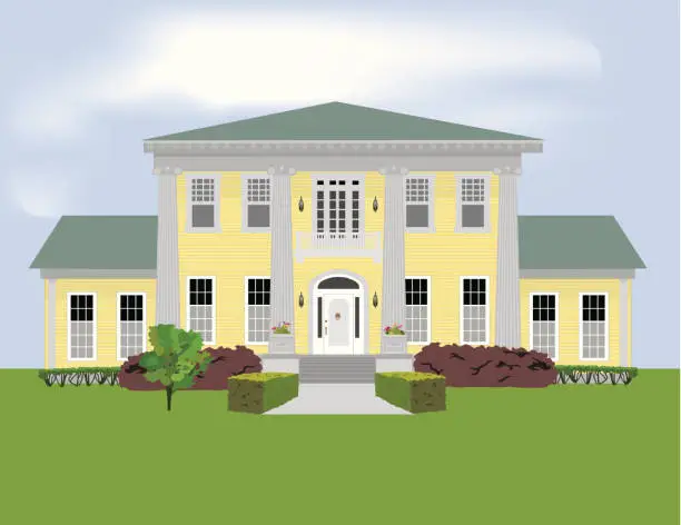 Vector illustration of Graphic of a large stately home with a large garden