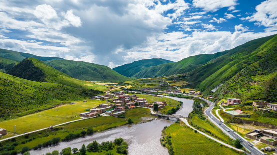 Aerial view  of Tibetan Village at Aba of Sichuan Province, China