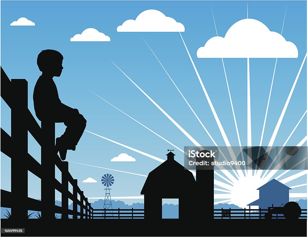 Farm boy silhouetted sitting on a fence Illustration of a farm boy sitting on a fence during a sunrise.   In Silhouette stock vector