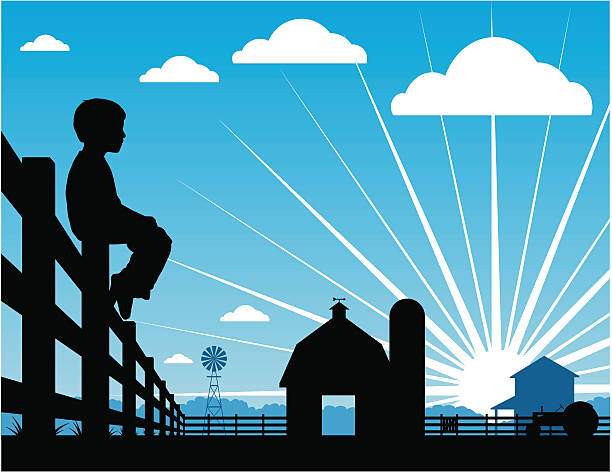 Farm boy silhouetted sitting on a fence Illustration of a farm boy sitting on a fence during a sunrise. person sitting on fence stock illustrations
