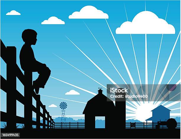 Farm Boy Silhouetted Sitting On A Fence Stock Illustration - Download Image Now - In Silhouette, Sitting, Boys