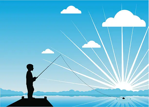 Vector illustration of Young boy fishing at sunrise