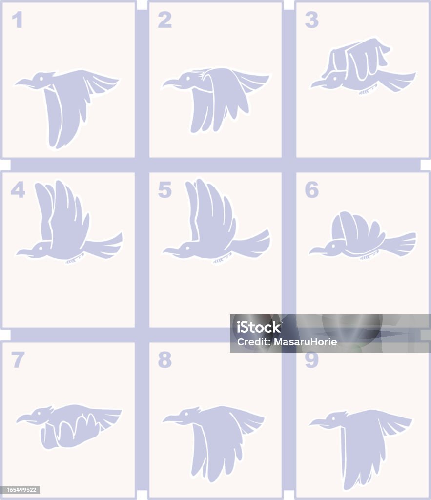 Animation frames of flying bird silhouette Animation frames of flying bird silhouette. Suitable for 12 fps. Animal stock vector