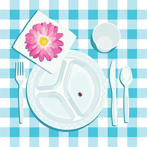 Vector illustration of Picnic Setting with Plate, Napkin, Silverware and Flower