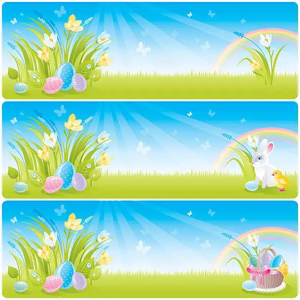 Vector illustration of Easter banner set with spring flowers and rainbow