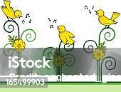 Drei Singen Gelbe Vögel Stock Vektor Art und mehr Bilder von Blume - Blume, Comic - Kunstwerk, Drei Gegenstände