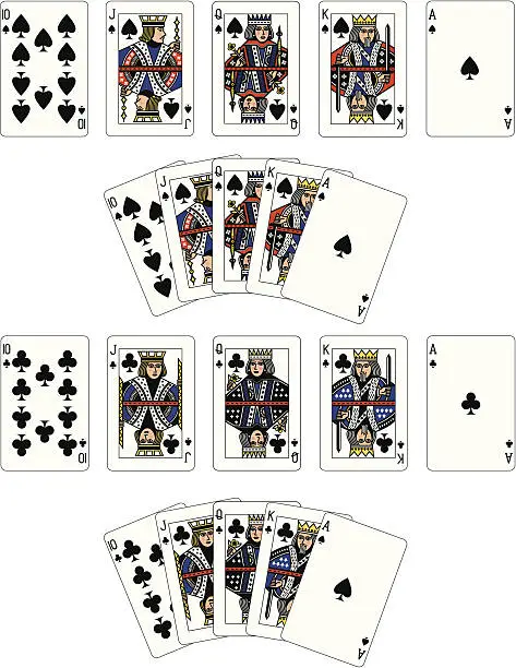 Vector illustration of Spade and Club Suit Royal Flush playing cards