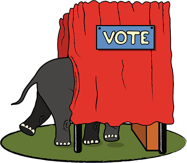 Get Out The Republican Vote Vector illustration of the Republican elephant placing a vote in a stylized voting booth. Useful for depictions of political events related to primaries, caucuses, and general elections. republican national convention stock illustrations