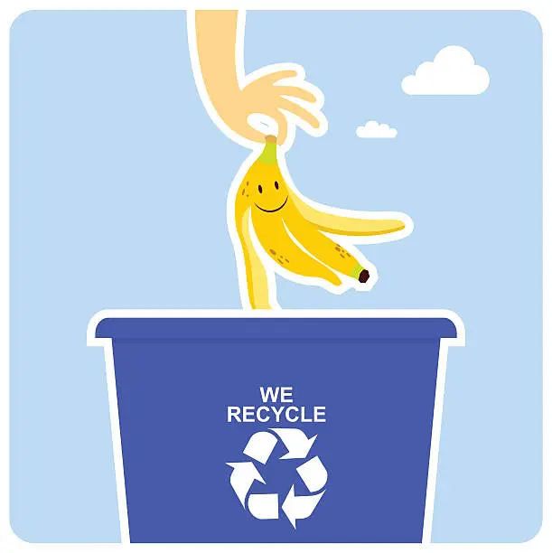 Vector illustration of A happy banana peel going into the recycling bin