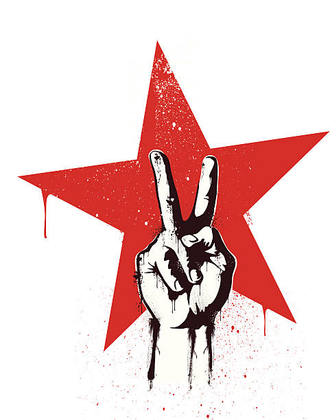 revolution victory Hand with victory sign over revolution star in grunge, graffitti style. left wing politics stock illustrations