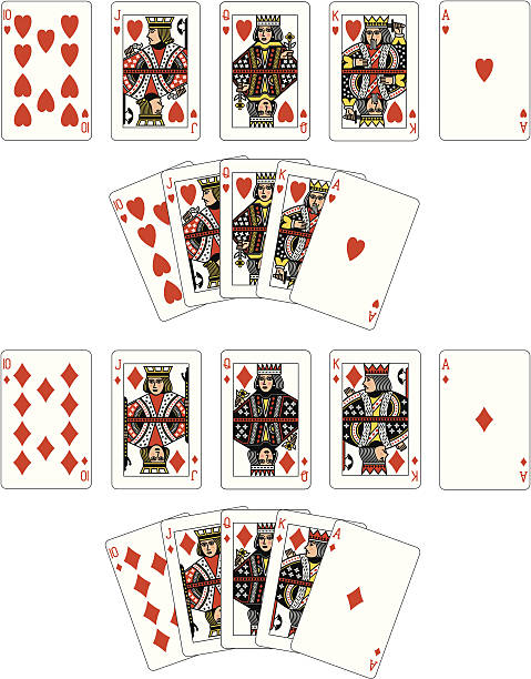 сердце и бриллиантами костюм флеш-рояль игральные карты - ten of hearts stock illustrations