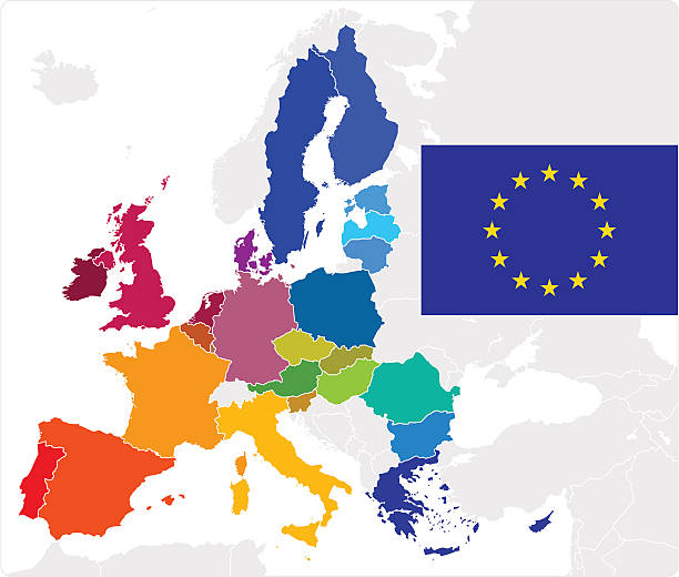 An illustration of the European Union and flag Color European Union Map european union symbol stock illustrations