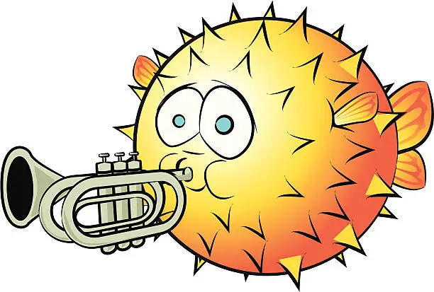 Vector illustration of Blowfish and Trumpet Cartoon
