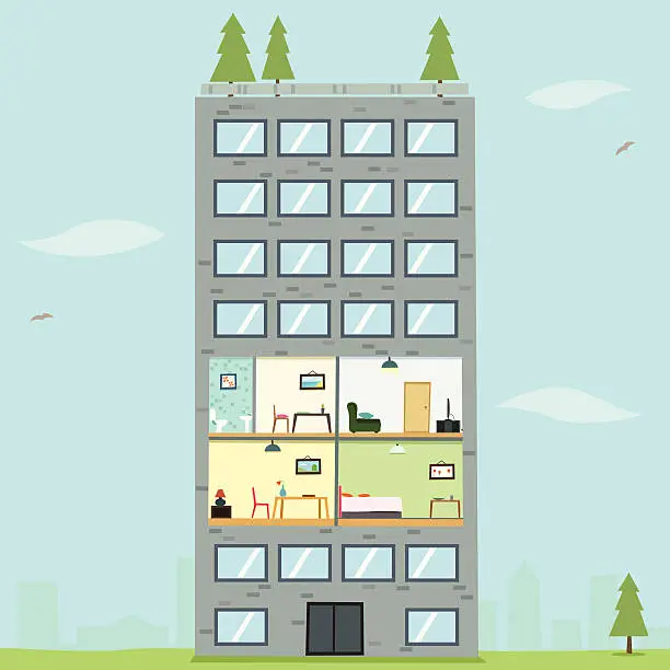 Vector illustration of An illustration of an apartment with a pine tree