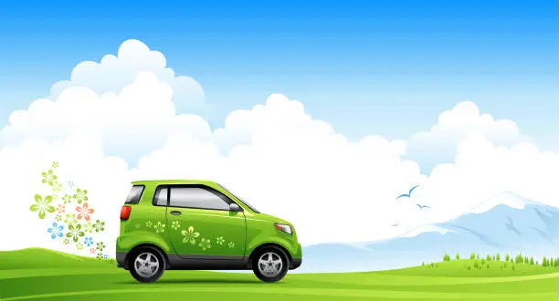 Vector illustration of Illustrated energy saving car on spring road