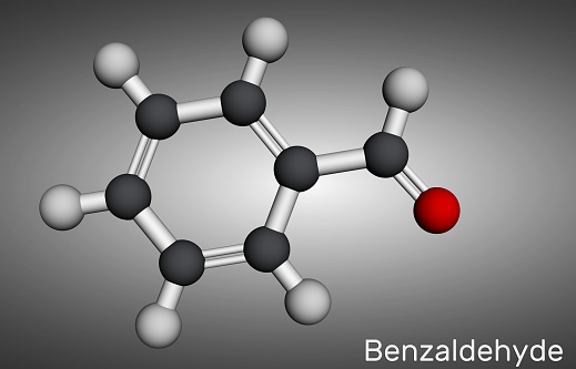 Benzaldehyde, benzoic aldehyde molecule. It is simplest aromatic aldehyde with odor of bitter almond. Molecular model. 3D rendering. Illustration