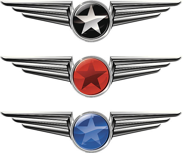 ilustrações, clipart, desenhos animados e ícones de emblemas de estrela aladas - wing insignia metal silver