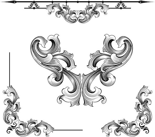 Baroque Assortment Designed by a hand engraver, this carefully drawn illustration replicates engraving cuts made in steel or gold. Rule line, symmetrical scrolls, and corner designs. Highly detailed. Includes AI, EPS, and hi-res JPG files. Authentic hand engraved design. baroque style stock illustrations
