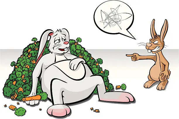 Vector illustration of Fat Rabbit Laying on Pile of Carrots with Other Bunny