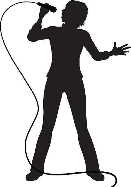 Female Pop Singer A young female singer belts out a high note. EPS, Layered PSD, High-Resolution JPG included. Singer, microphone, and cord are on separate layers. microphone silhouettes stock illustrations