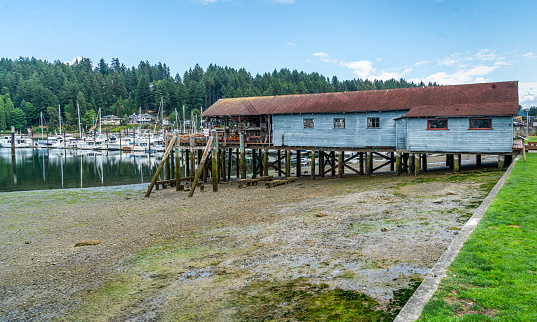 A view of an old building at the marina in Geig Harbor, Washington.