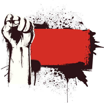 Stencil fist over a grunge red banner