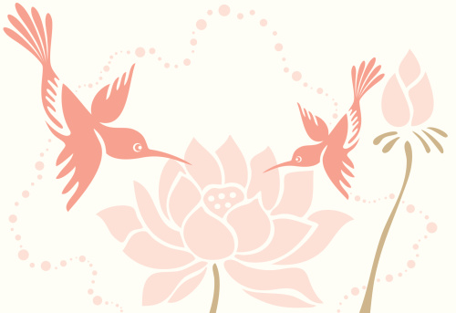 Vector Illustration of hummingbird mom and son/daughter (you name it) and lotus flower.