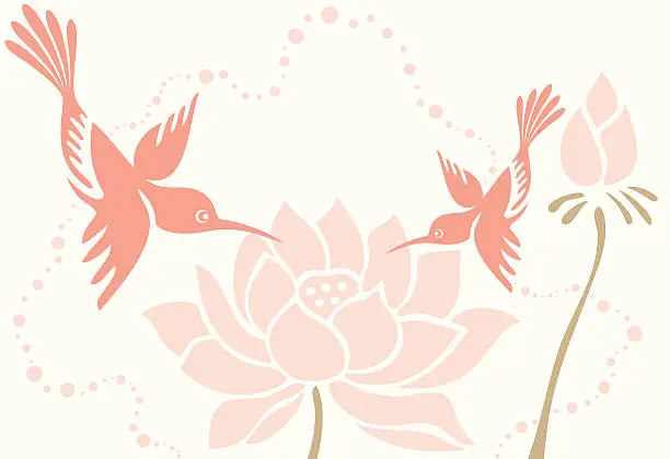 Vector illustration of Humming Bird Mom & Child with Lotus Flowers