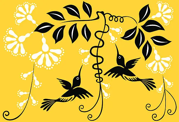Vector illustration of Hummingbirds Couple & Flowers