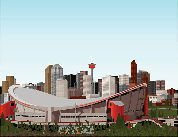 und der innenstadt von calgary mit saddledome - riverbank stock-grafiken, -clipart, -cartoons und -symbole