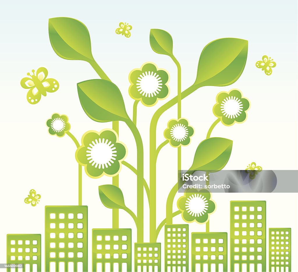 Green City Leaf and flowers growing from buildings symbolize environment conservation. File also include AI CS2, PDF and high res Jpeg. Environment stock vector