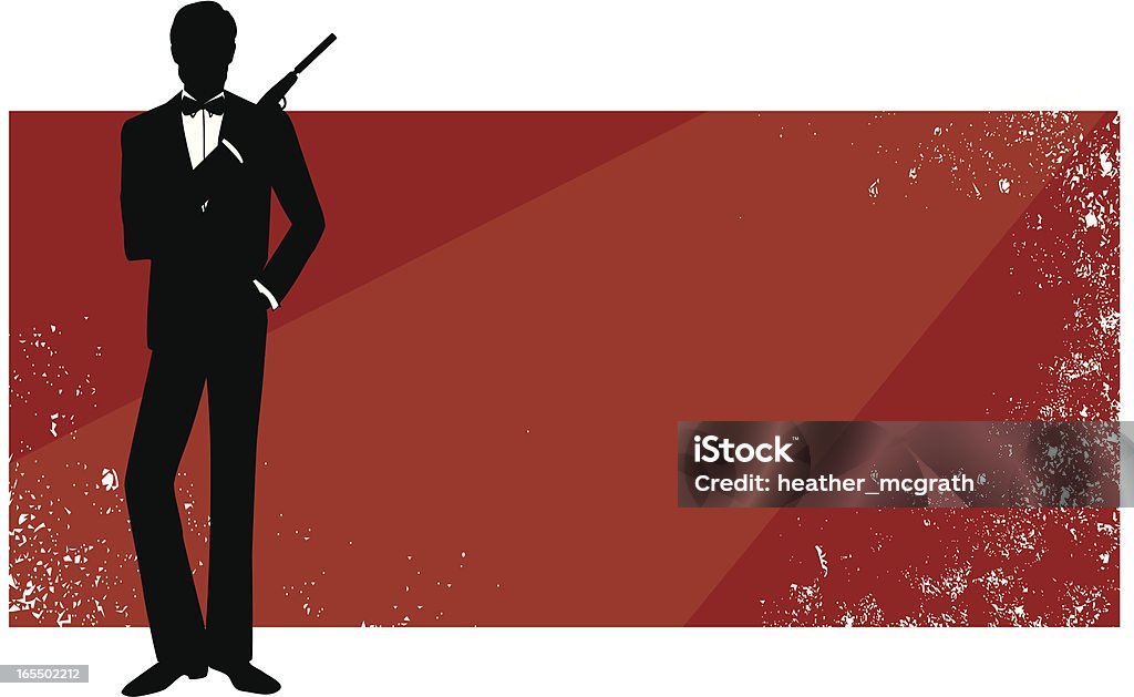 Red rectangular banner with James Bond in silhouette Shaken, not stirred.  In Silhouette stock vector