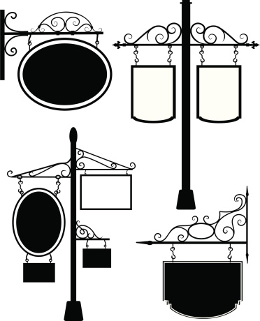 Black and white line art of signs from an old village. Easy to edit flat color, conveniently grouped with file editing in mind.
