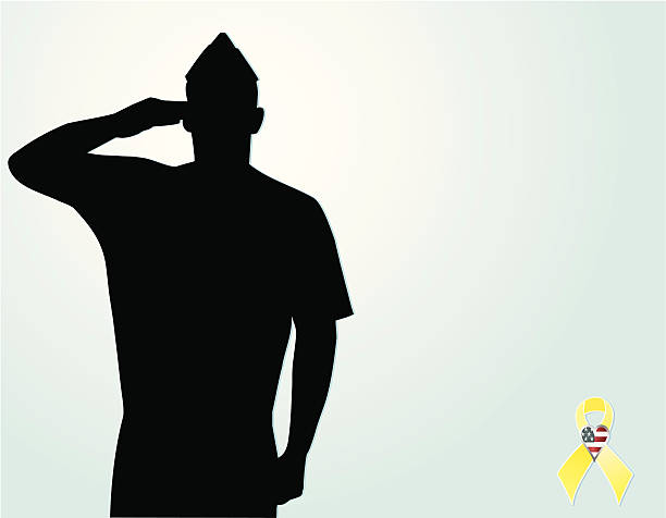 Protect our Troops "Silhouette of US service member with yellow ribbon in corner, which serves as a reminder to remember our troops in battle." air force salute stock illustrations