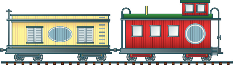 Detailed vector illustration of a boxcar and caboose. Both cars and track are on separate named layers. Both cars have a blue oval or rectangle so you can personalize your railroad. If you're looking for a complete set, check out my Steam Locomotive and Tender (#56239890) and Railroad Passenger and Baggage Cars (#5624054) illustrations.