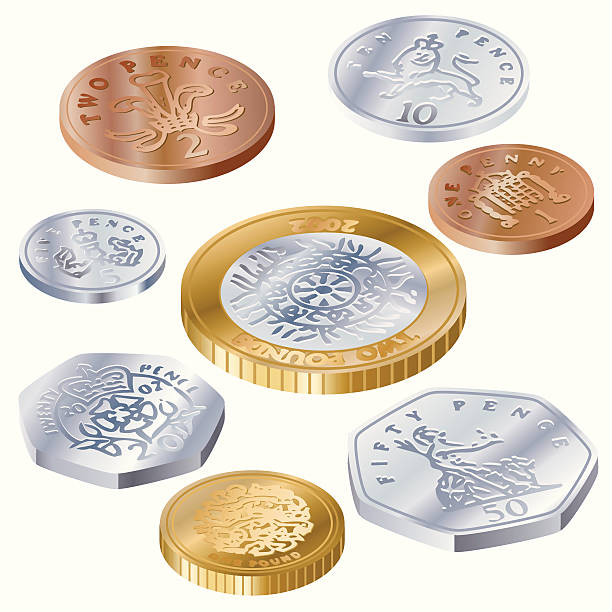 uk монеты, вид сбоку - twenty pence coin stock illustrations