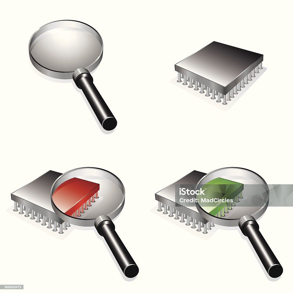 Computer Diagnostics Icons Vector art. A magnifying glass and a microchip used to explain network diagnostics testing.  Art Product stock vector