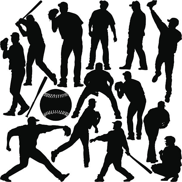 ilustrações de stock, clip art, desenhos animados e ícones de silhueta series de basebol - playing baseball white background action