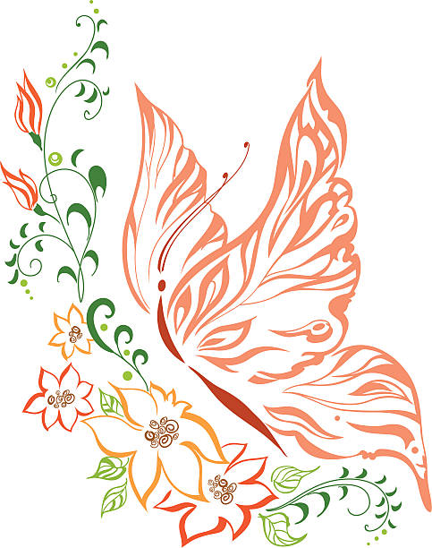 ilustrações de stock, clip art, desenhos animados e ícones de flores e borboleta - butterfly single flower vector illustration and painting