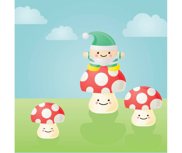 stockillustraties, clipart, cartoons en iconen met happyland: garden gnome - amanita parcivolvata