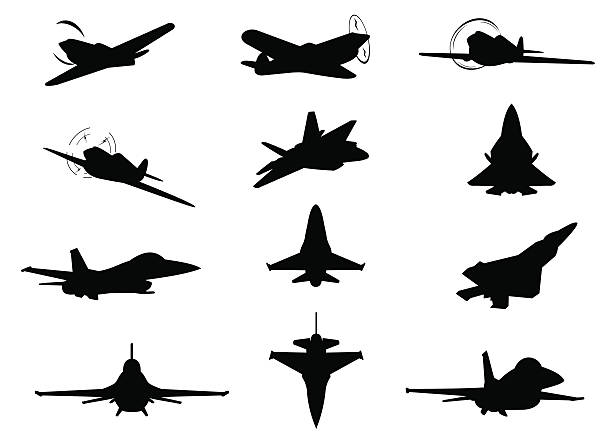 ilustraciones, imágenes clip art, dibujos animados e iconos de stock de doce aviones siluetas - jet