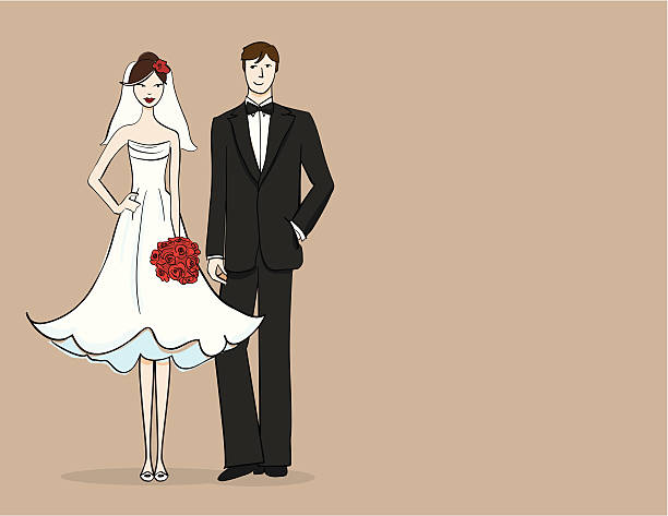 illustrazioni stock, clip art, cartoni animati e icone di tendenza di brunette sposa e sposo - wedding invitation invitation formalwear flower