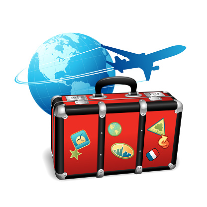 Travel concept with globe, airplane and suitcase. All elements are separate objects, grouped and layered. File is made with gradient. Global color used. 300dpi jpeg included.