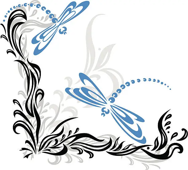 Vector illustration of plants and dragonflies