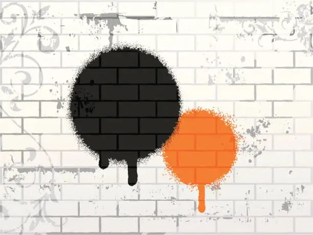 Vector illustration of A black and an orange circle painted onto white brick