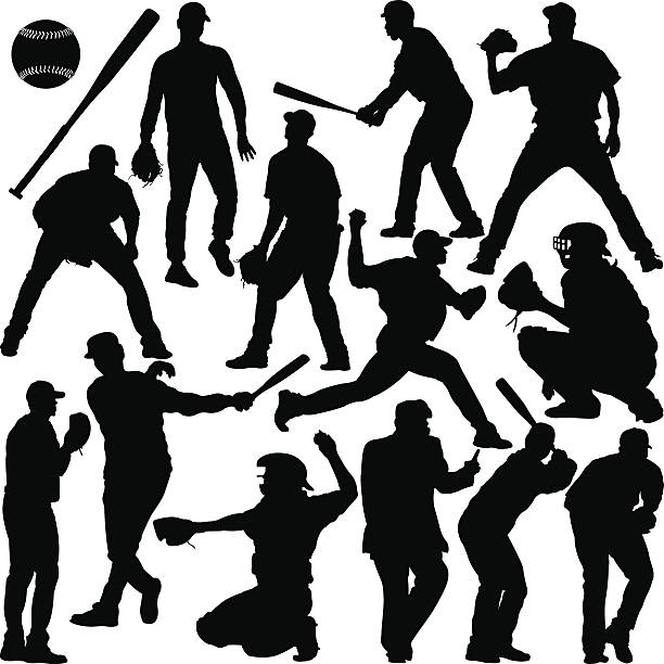 baseball sylwetka serii - playing baseball white background action stock illustrations