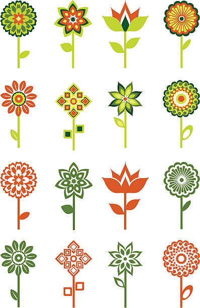 illustrazioni stock, clip art, cartoni animati e icone di tendenza di eco fiori retrò - tulip sunflower single flower flower