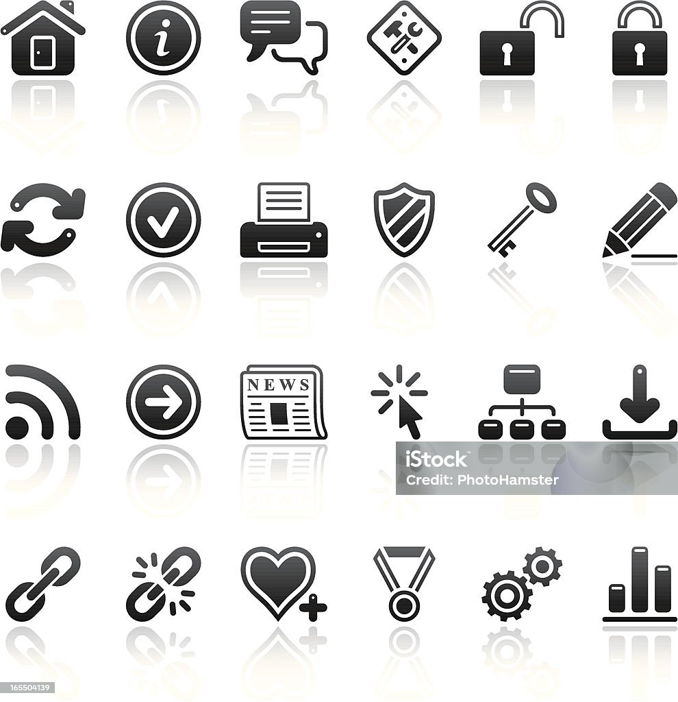 internet icon set black reflection Large JPEG (3163x3163), AI EPS 8. Archive: 1) screensize JPEG, 2)large and screensize PSD and PNG,  3) AI 8, AI CS. Reflections on it's own layer.  Icon Symbol stock vector