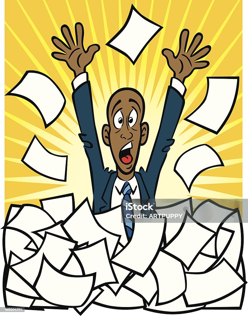 African American With Paperwork "Great illustration of an African American businessman swamped in paperwork. Perfect for a work or tax based illustration. EPS and JPEG files included. Be sure to view my other business files, thanks!" Accidents and Disasters stock vector